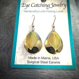 NEW Gold Tone & Silver Earrings Leaf Filigree handmade styled fishing lure NWT